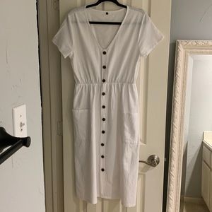 OCHENTA Women's Short Sleeve V Neck Button Down Swing Midi Dress with Pockets